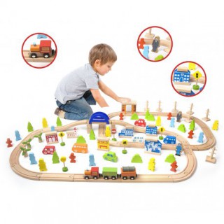 Žaislinė medinė traukinių trasa su priedais | 110 vnt | Classic World CW4164